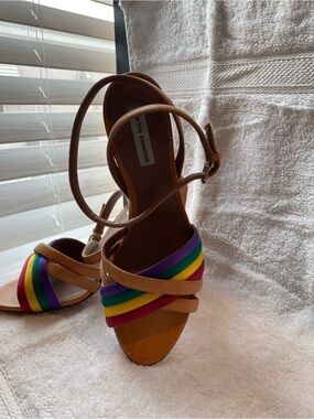Tabitha Simmons Tan Sandals with Rainbow Straps